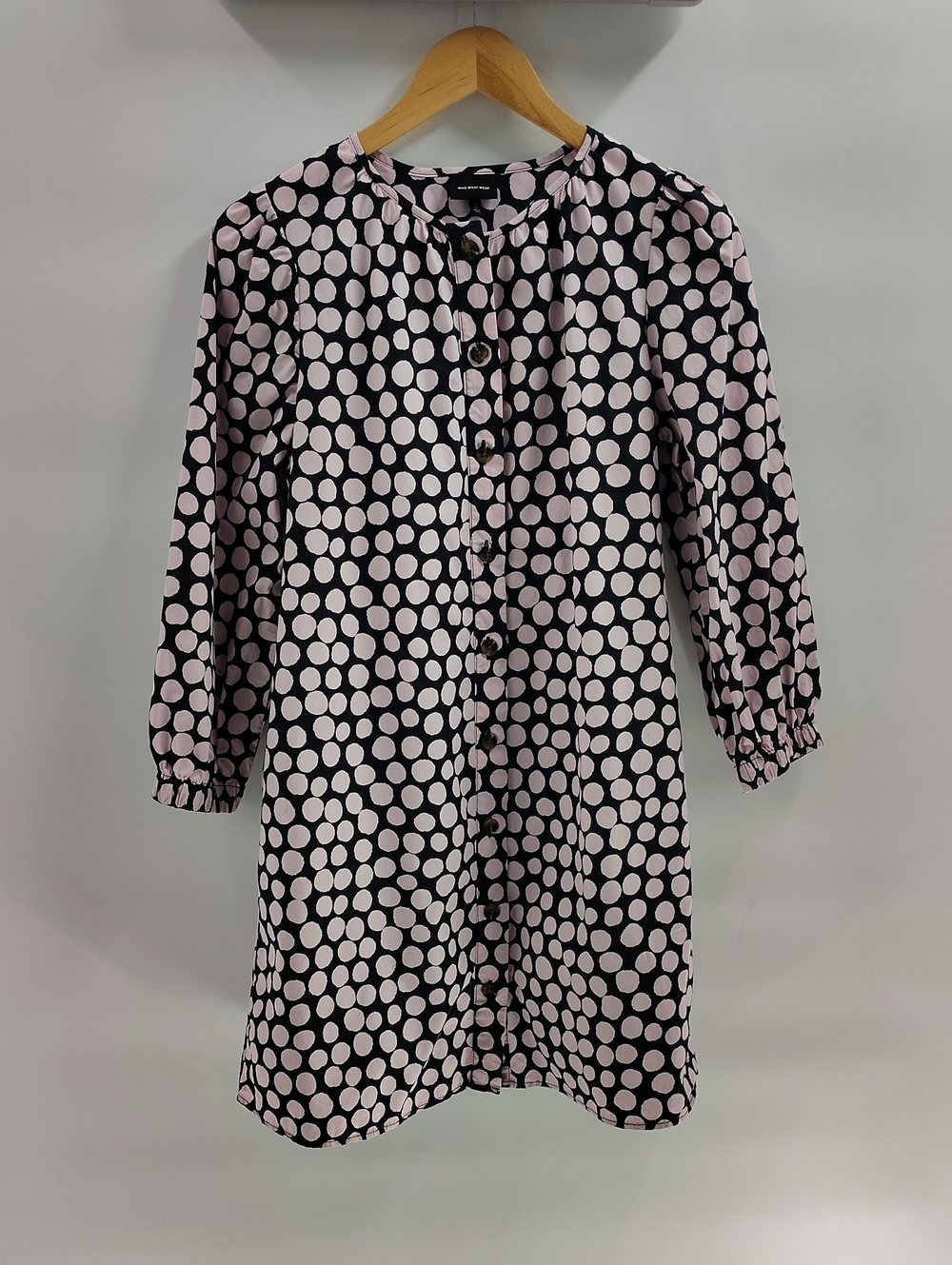 Who What Wear Polka Dot Dress Button Down Small Black Light Pink Cotton